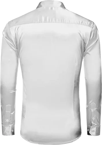 Vista 3 de COOFANDY Camisas de vestir de satén para hombre, casual, manga larga, floral, con botones, casual, de seda, ajustadas, para boda, graduación