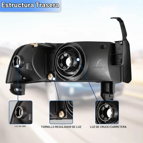 Vista 4 de ROXX DRL Headlight Assembly Compatible with 1994-2001 Dodge Ram 1500 Carcasa negra con DRL Led