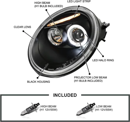 Vista 2 de Volkswagen Beetle luces frontales halógenas proyectoras., Negro