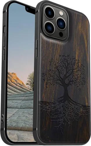 Vista 20 de Carveit Funda magnética de madera para iPhone 13 [madera real dura y TPU suave negro] funda protectora de madera única y elegante a prueba de golpes
