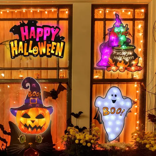 Vista 2 de LAMPHOME Paquete de 4 fantasmas iluminados con LED, letrero de Happy Halloween, bruja, Jack-O-Lantern de Halloween, decoración de ventana iluminada