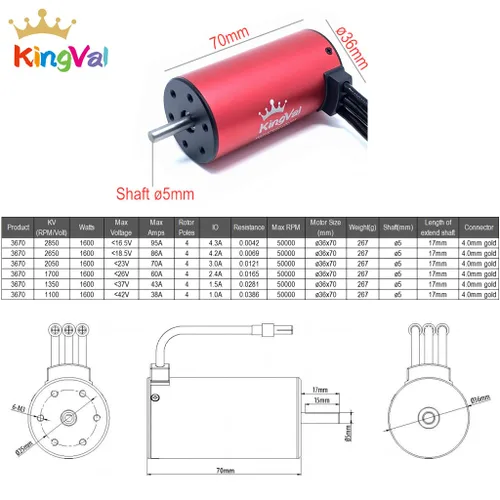 Vista 2 de KingVal Reemplazo 3670 1700KV Eje de motor sin escobillas impermeable 0.197 in compatible con 1/8 1/10 RC Car