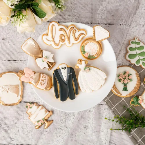 Vista 5 de Juego de 11 cortadores de galletas de amor con sello 3D de ácido poliláctico (PLA) para cocina, pastel, vestido de boda, formas de anillo de amor