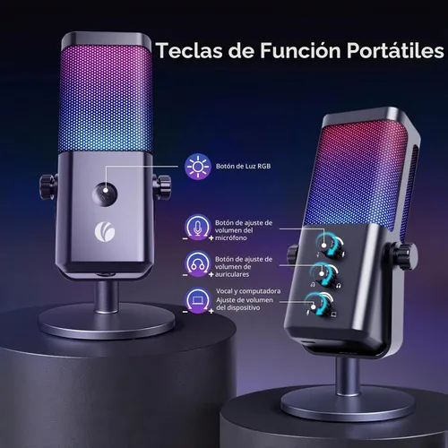Vista 7 de VCOM - Micrófono USB para PC, micrófono RGB para juegos con botón de silencio, control de ganancia, conector de auriculares de monitoreo de 3.5 mm