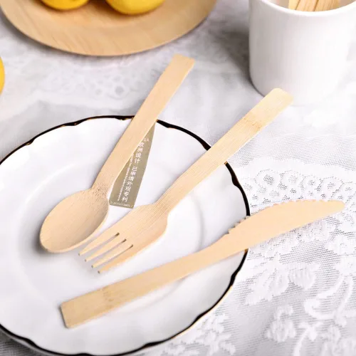 Vista 3 de Banbu Cubiertos de bambú desechables, 100 unidades de cuchillos de bambú desechables de 6.7 pulgadas, cuchillo biodegradable 100% compostable