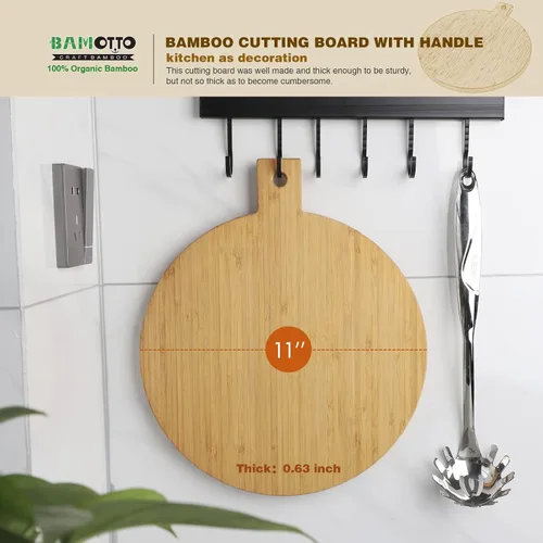 Vista 2 de BAMOTTO CRAFTBAMBOO Tabla de cortar redonda 100% bambú con mango de 13 x 11 x 0.63 pulgadas, tabla de charcutería decorativa para colgar, bandeja