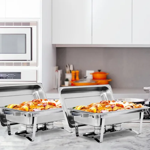 Vista 2 de SUPER DEAL Paquete de 2 calentadores de alimentos de 9 cuartos de galón, juego de bufé rectangular con patas de marco plegable, plato de acero