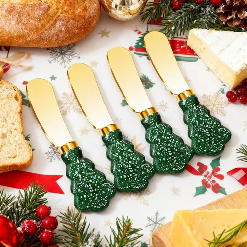 Vista 5 de Juego de cuchillos esparcidores de árbol de Navidad, cuchillos de mantequilla de acero inoxidable dorado, utensilios de servir para mermelada