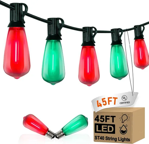 Vista 13 de Tira de luces LED ST40 de 20 pies para exteriores con 22 bombillas Edison vintage inastillables, tira de luces para patio, impermeable, para patio