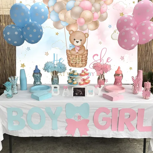 Vista 2 de Mocsicka Fondo de globo aerostático de oso rosa o azul, oso rosa o azul, para revelar el género, We Can Bearly Wait Gender Reveal Party Cake Table