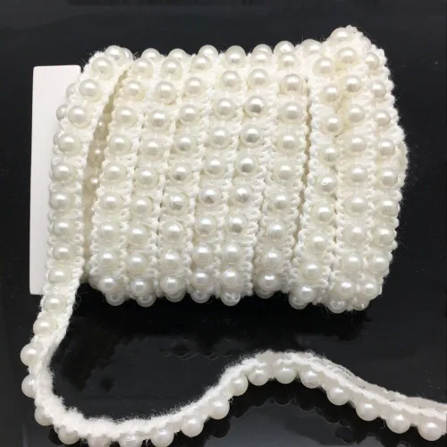 Vista 8 de FQTANJU 5 yardas de cinta de encaje con perlas de imitación y apliques de perlas para flecos para decoración de fiesta de boda, decoración