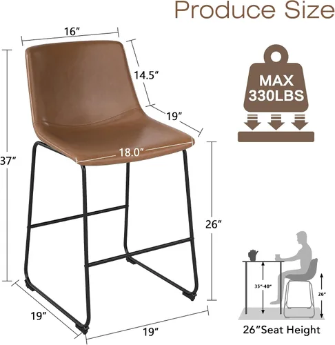 Vista 2 de LSSBOUGHT Taburete de bar, taburetes de bar modernos de altura de mostrador, taburete de bar de cuero sintético con patas y reposapiés de metal