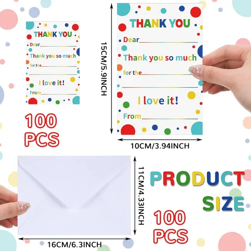 Vista 2 de Sherr 200 tarjetas de agradecimiento para niños con sobres, con notas de agradecimiento en blanco, arco iris, fiesta de cumpleaños, postal