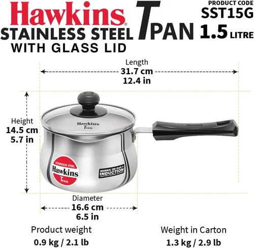 Vista 3 de Hawkins Tpan de acero inoxidable de 1.5L con tapa de cristal
