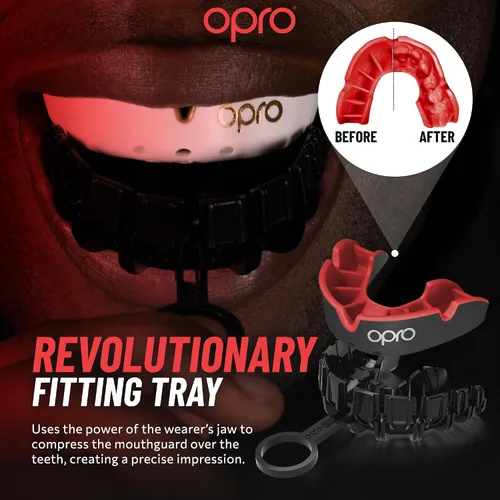 Vista 4 de OPRO Protector bucal moldeable de nivel plateado, ajuste esencial (negro/rojo) para niños y jóvenes, protector bucal de boxeo para artes marciales