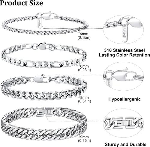Vista 5 de Pulsera de plata para hombre, pulsera de eslabones cubanos de acero inoxidable, cuerda resistente, juego de pulseras de cadena cubana Figaro