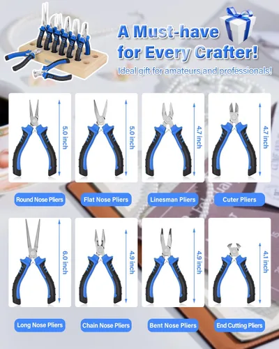 Vista 3 de Toolour Juego de alicates de joyería con soporte de madera, 8 alicates profesionales de alambre para abalorios, fabricante de joyas, manualidades