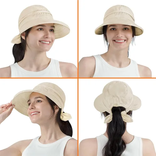 Vista 4 de SUN CUBE Sombrero de sol para mujer para protección UV al aire libre, sombrero de sol de ala ancha, cola de caballo, sombrero de playa convertible