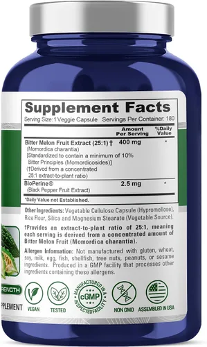 Vista 2 de NusaPure Melón amargo, 400 mg, 180 cápsulas vegetales (sin OMG, vegano)