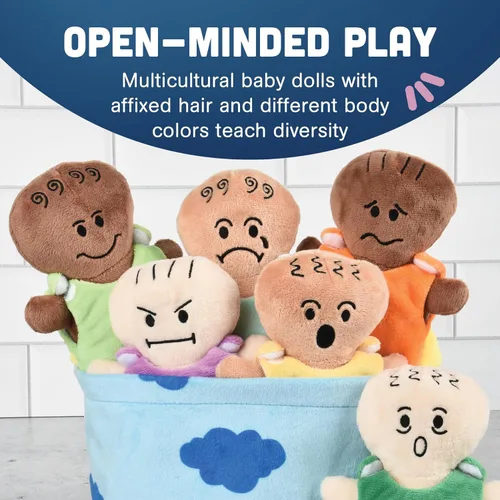 Vista 5 de Constructive Playthings - Juego de 6 muñecas de peluche con expresiones para el aprendizaje social y emocional, juego de muñecas de tela sensorial