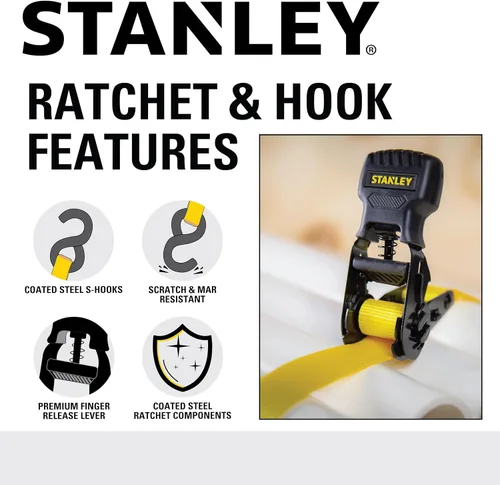Vista 5 de STANLEY S10002-12 Correas de trinquete negras/amarillas de 1" X 12' - Carga de trabajo segura de 500 LBS / Fuerza de rotura de 1,500 LBS, paquete