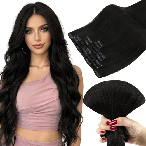Vista 16 de Ve Sunny Extensiones de cabello clip-in de cabello humano real con reflejos, extensiones de cabello con clip para cabello corto, marrón oscuro