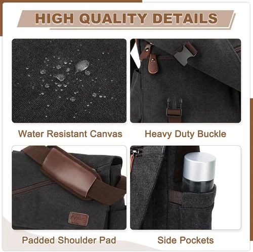 Vista 3 de RAVUO Bolso de mensajero para hombre, bolsa de lona resistente al agua de 14, 15.6, 17 pulgadas, maletines para laptop, bolsa de hombro para negocios
