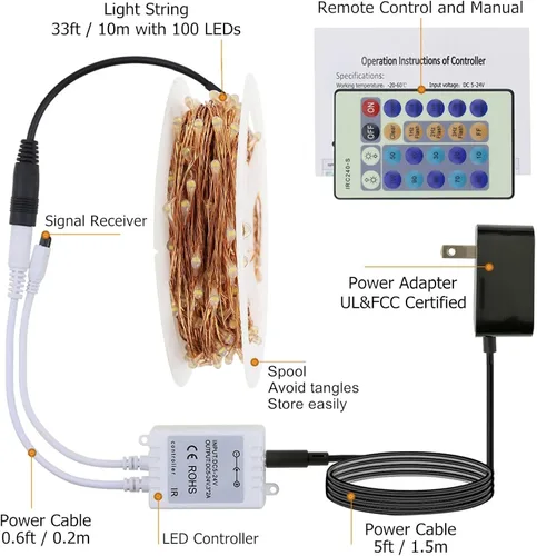 Vista 8 de RUICHEN Guirnalda de luces LED de 33 pies con 100 luces LED enchufables, impermeables, regulables, alambre de cobre, luces de luciérnaga estrellada