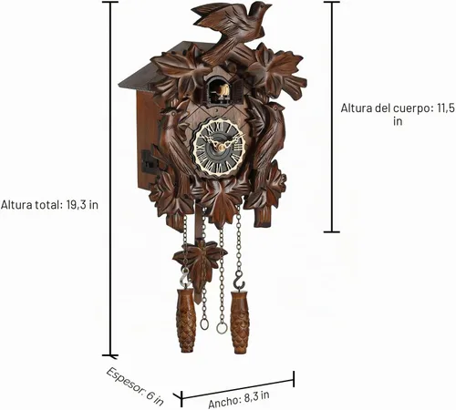 Vista 2 de Reloj de cuco, reloj de pared artesanal de madera de bosque negro tradicional con péndulo de hoja de arce, cuarzo, 12 melodías, sensor nocturno