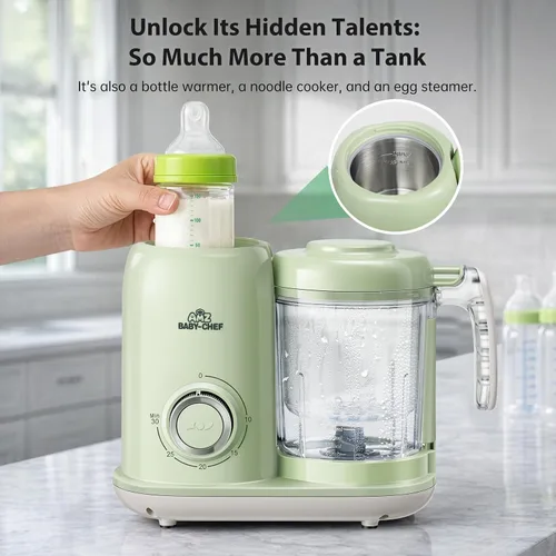 Vista 5 de Licuadora AMZBabyChef para fabricar alimentos para bebés: vaporizador 4 en Verde