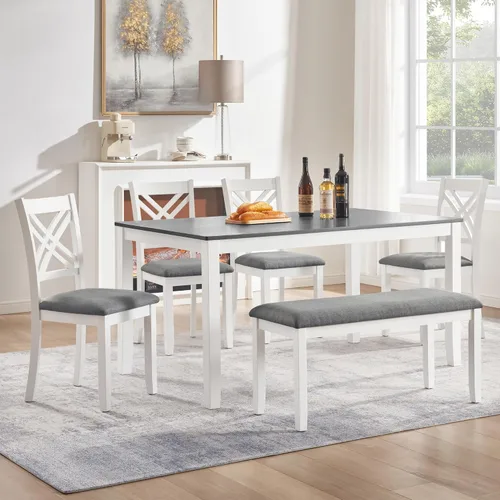 Vista 15 de LUMISOL - Juego de mesa de comedor de madera maciza con 4 sillas tapizadas y banco para cocina, comedor, sala de estar, gris plateado