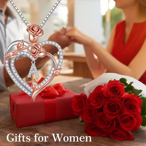 Vista 2 de Iefil Collar de corazón rosa para mujer, plata de ley 925, collar con letra inicial de corazón rosa para mujer, joyería para el día de San Valentín