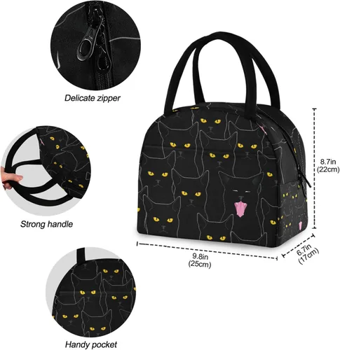 Vista 4 de Sinestour Bolsa de almuerzo con diseño de gato para mujer, bonita bolsa reutilizable, hielera negra aislada para la escuela, oficina, picnic, niños
