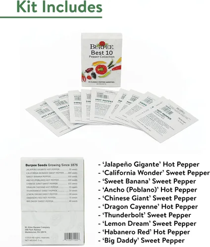 Vista 3 de Colección Burpee Best 10 Paquetes de Mezcla Fresca Sin OGM de Pimiento Picante y Variedades Dulces Jalapeño, Semillas de Pimiento Morrón y Más