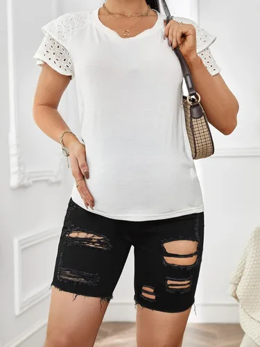 Vista 5 de Floerns Pantalones cortos de mezclilla de maternidad para mujer con dobladillo enrollado