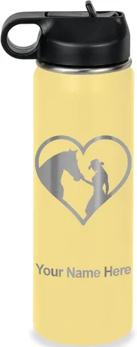 Vista 23 de LaserGram Botella de agua personalizada, corazón de vaquera de caballo, acero inoxidable de doble pared aislada al vacío con popote superior, regalo