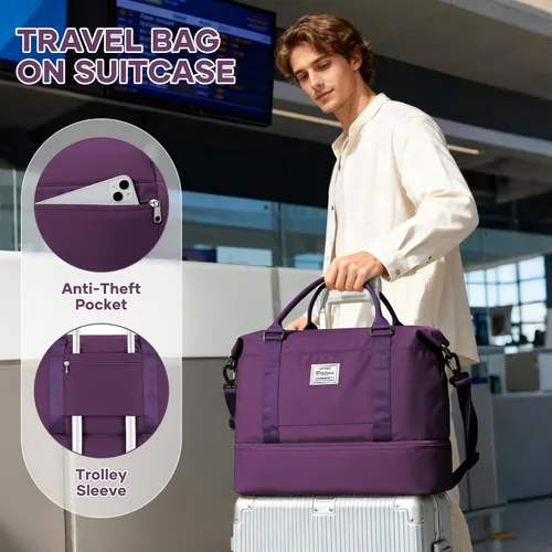 Vista 3 de VECAVE Bolsa de viaje para mujer, bolsa deportiva para gimnasio, E20-Púrpura profundo, Grande, Bolsa de viaje
