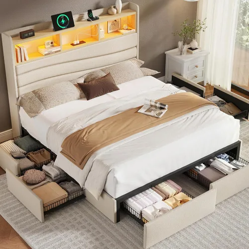 Vista 9 de BRELTAM Base de cama tamaño Queen con 6 cajones de almacenamiento, plataforma tapizada de lino con estación de carga y luces LED, diseño de cabecera