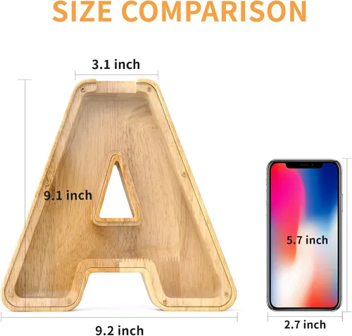 Vista 3 de WOOD CITY Alcancía con letras para adultos, niños y niñas, de madera de 9 pulgadas, caja de dinero personalizada, nombre personalizado, regalo