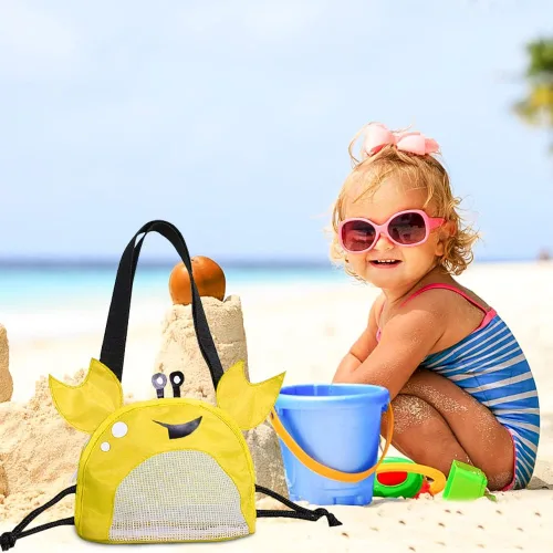 Vista 6 de Bolsa de malla de cangrejo para playa, bolsas de recolección de conchas de playa, juguetes de conchas de playa, correa ajustable para el hombro