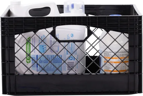Vista 8 de Caja rectangular de plástico para almacenamiento tipo crate para leche con asas, organizador apilable de 24 cuartos de galón para garaje, hogar