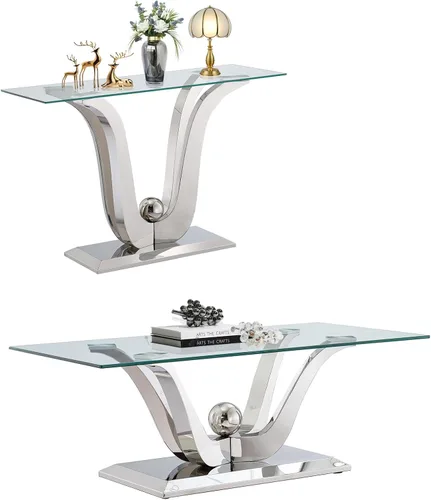 Vista 13 de SSLine Mesa de centro moderna de 1 pieza para sala de estar, mesa de centro de vidrio templado de lujo con base de acero inoxidable en forma de flor