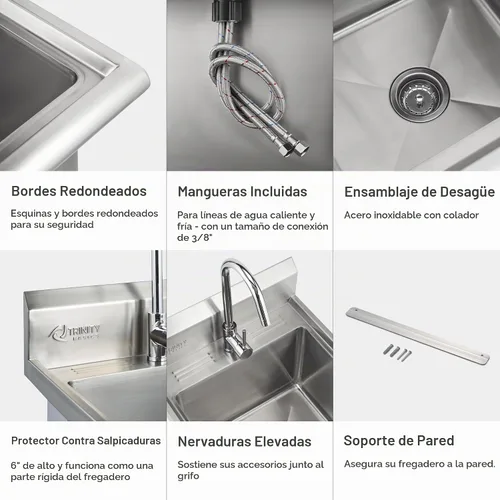 Vista 5 de TRINITY BASICS Fregadero independiente de acero inoxidable de un solo compartimento con grifo cromado, certificado NSF, para garaje, lavandería