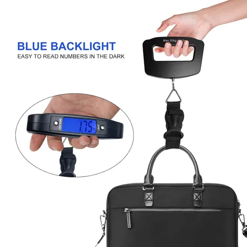 Vista 4 de Báscula digital de equipaje báscula colgante con pantalla LCD retroiluminada, función de tara de hasta 110 libras 110.2 lbs, báscula de equipaje