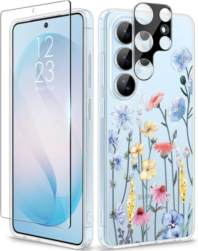 Vista 55 de GVIEWIN Funda protectora para Samsung Galaxy S25, transparente floral, delgada, a prueba de golpes, para mujer, no se pone amarilla, con protector