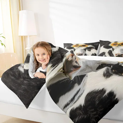 Vista 7 de Erosebridal Juego de ropa de cama con estampado de vaca, juego de edredón con estampado de piel de vaca, juego de ropa de cama de ganado