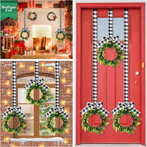 Vista 5 de 6 Piezas Coronas Pequeñas de Navidad para Gabinete de Cocina 9" Mini Coronas Artificiales de Boj de Navidad con Lazo de Cinta Decoración de Fiesta