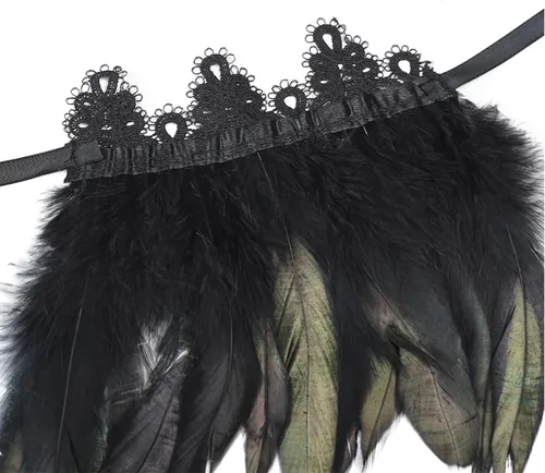 Vista 3 de Disfraz de bruja de cisne de cuervo maléfica con puños de encaje de plumas negras para Halloween, paquete de 2, Negro