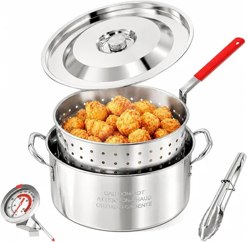 Vista 10 de Freidora de pescado 10QT con canasta, tapa y pinzas, olla de aluminio Olla con termómetro, para pescado, alas de pollo y papas fritas, solo llama