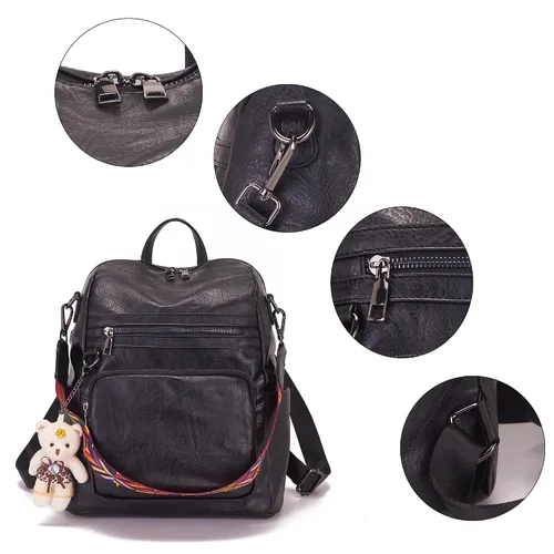 Vista 5 de Qiyuer Mochila de piel sintética para mujer, bolso de hombro convertible de viaje para mujer, color negro